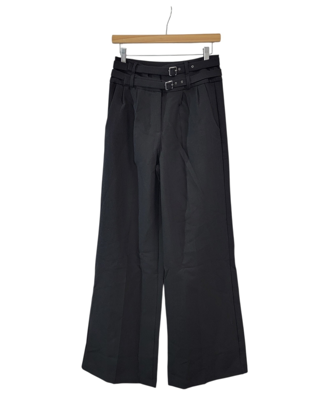 Amanda Uprichard Blythe Black Wide-Leg High-Waist Double-Belt Pants